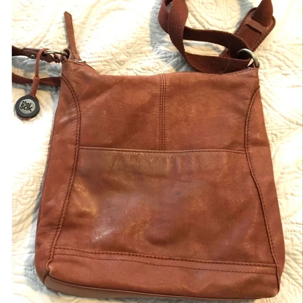 The Sak Brown Leather Crossbody with Pink, Orange, Burgundy & Tan Panels